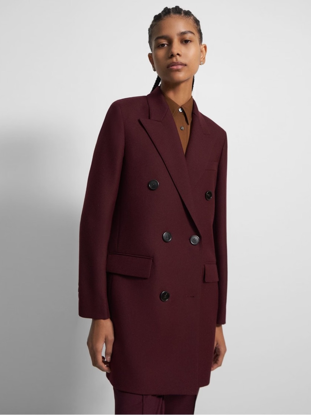 Theory Double-Breasted Blazer Coat in Deep Burgundy